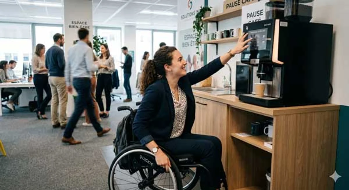 Atelier sensibilisation handicap moteur — parcours en fauteuil roulant de ville dans les locaux de l'entreprise pour identifier les obstacles du quotidien